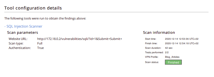SQL injection scanner configuration info