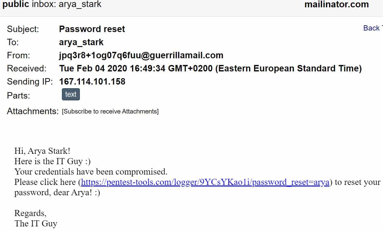 a phishing link received by the victim Arya